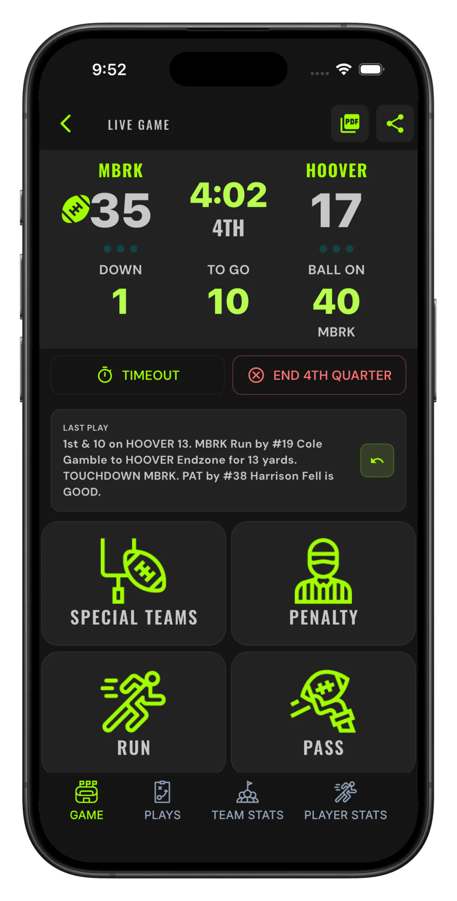 iPhone showing the XO Stats in-game football stat tracker